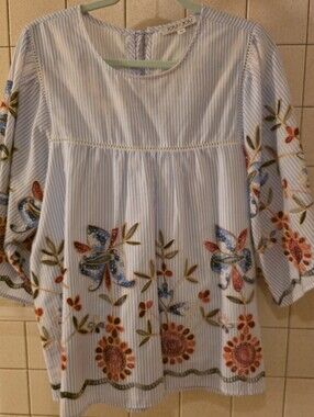 Womans Joy Joy Light Blue Striped Embroidered Floral Peasant Tunic